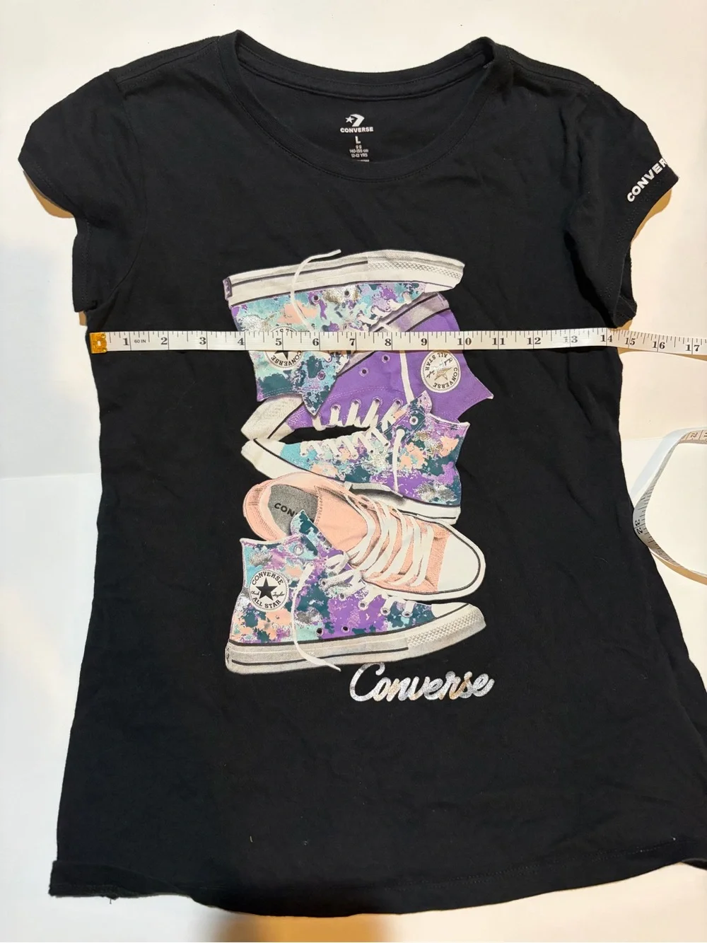 Converse Girls T-Shirt Size L 12-13 Black Chuck Taylor Sneaker Graphic Tee